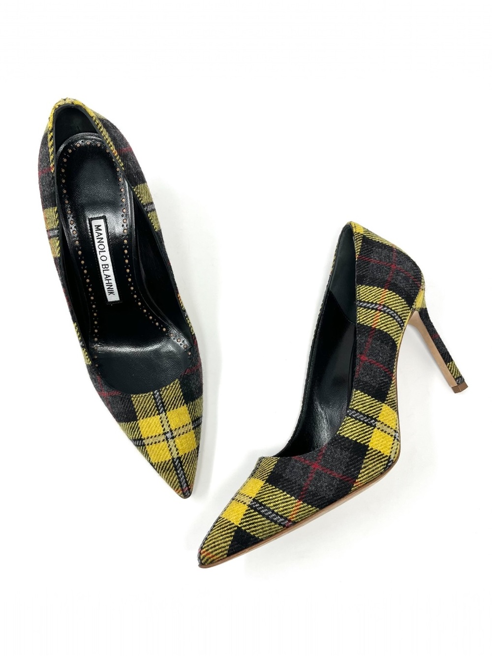 Manolo Blahnik BB Yellow Black Plaid Tartan Pointed Toe Heels Pumps Shoes 39 9